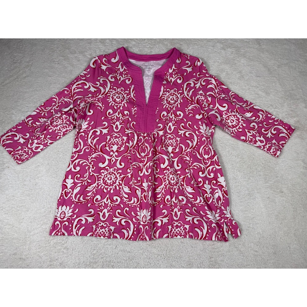 Charter Club Tunic Woman 1X Pink Damask Split Neck 3/4 Sleeve Excellent Boho Top